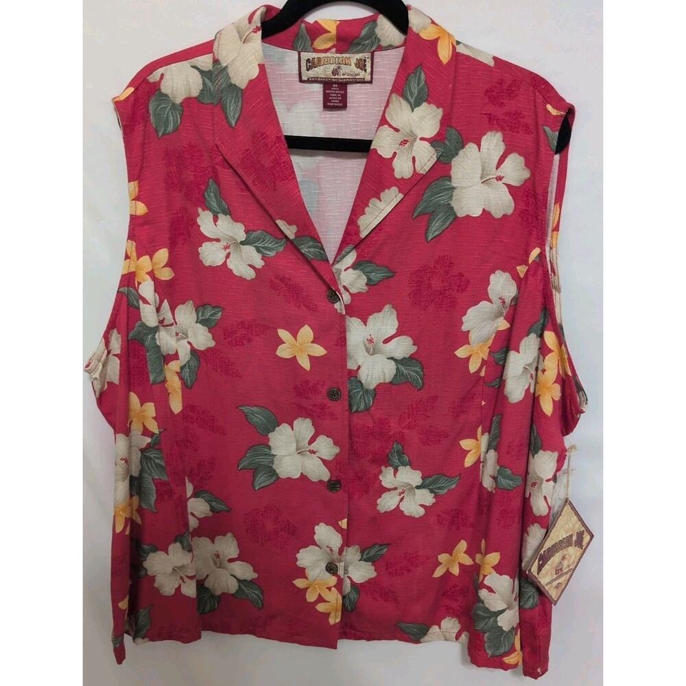 NWT Caribbean Joe Shirt Womens 3X Tropical Print Sleeveless Button Up Top